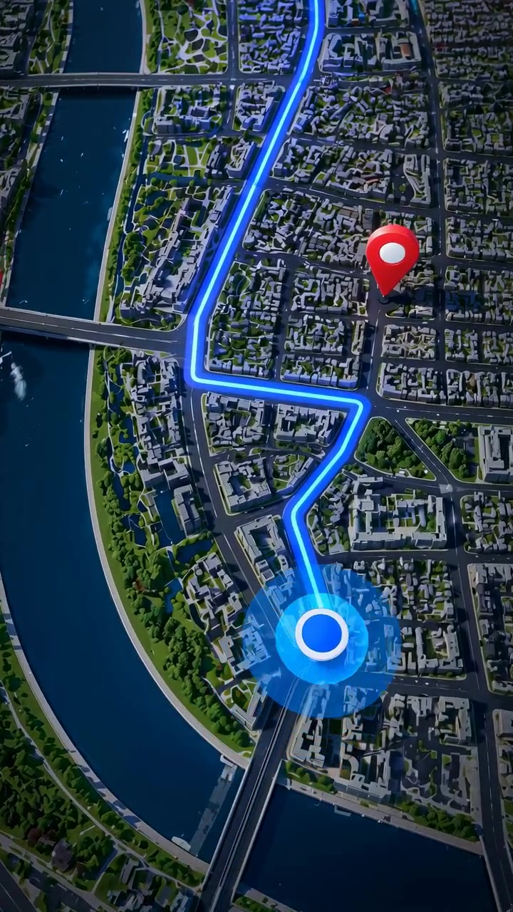 A bright blue route line traces upward from the lower center across an overhead city map, curving beside a river and passing dense urban blocks, roads,