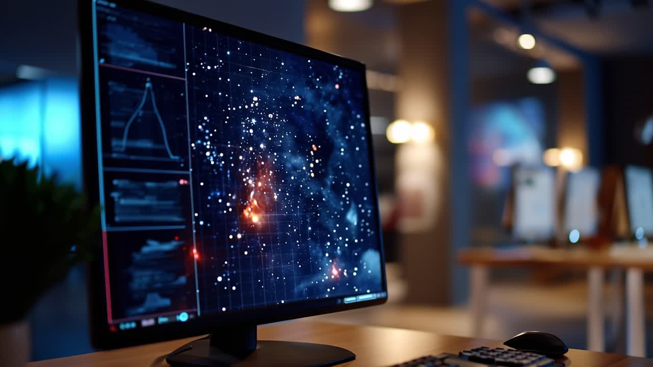 A High-Tech Workspace Featuring Advanced Data Visualization on a Computer Screen with Cosmic Imagery and a Modern Office Environment in the Background