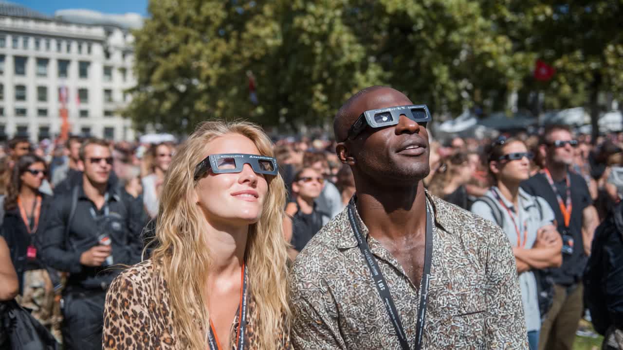 A diverse crowd enjoying a solar event, captivated by the celestial spectacle above while wearing special viewing glasses to protect their eyes