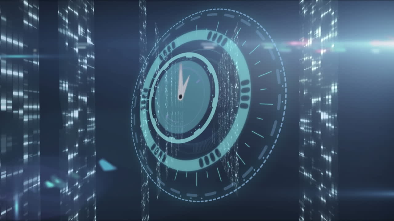 Animation of clock ticking and data processing over computer servers