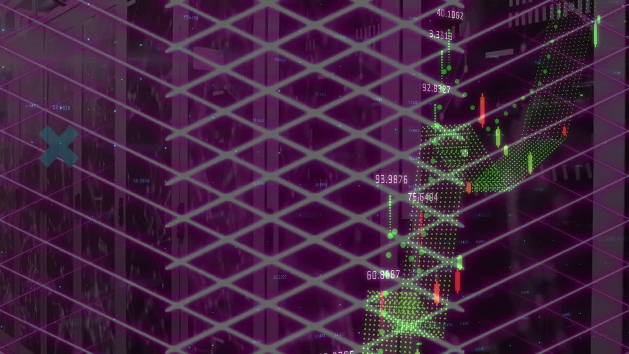 Animation of network of connections over financial data processing and server room