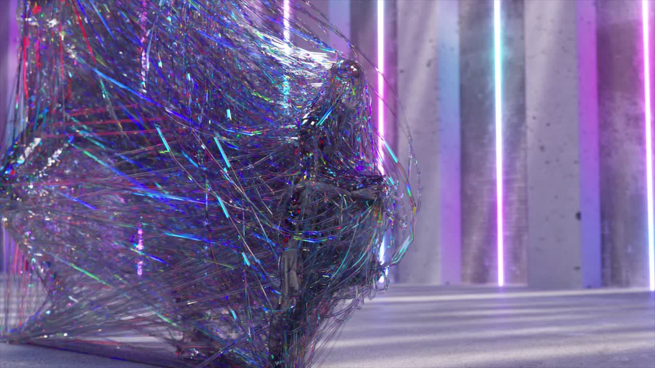 escultura abstractamente envuelta en iridescencia con luces de neón