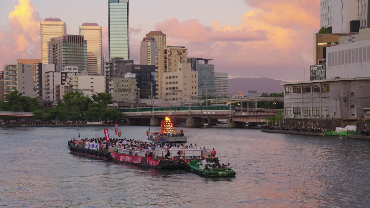 Tenjin Matsuri, Festival Boats and Burning Pyre with Train in Background