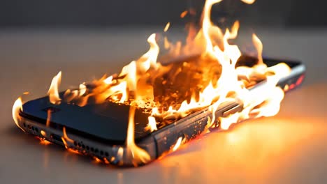 a cell phone on fire on a table