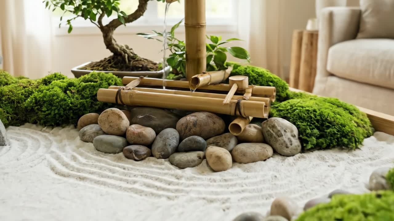 Giardino zen giapponese in miniatura con fontana d'acqua in bambù fluente