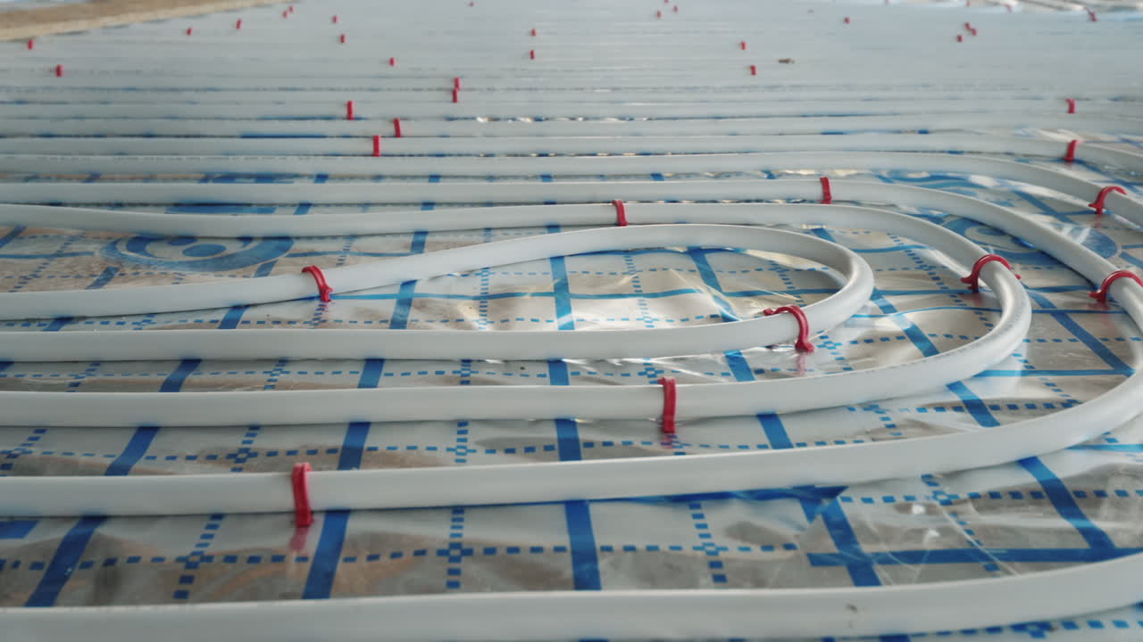 바닥 난방 파이프는 난방 시스템의 특수 표면 설치에 놓여 있습니다.