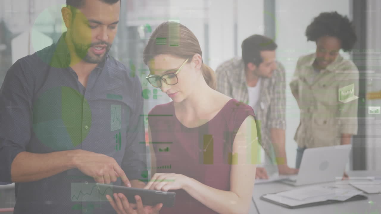 Collaborating in office, business professionals with digital data processing overlay