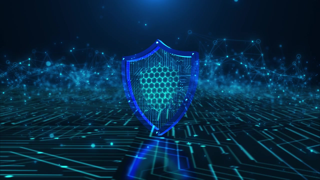 Blue secure network shield visual with glowing hex pattern digital circuit base and connected