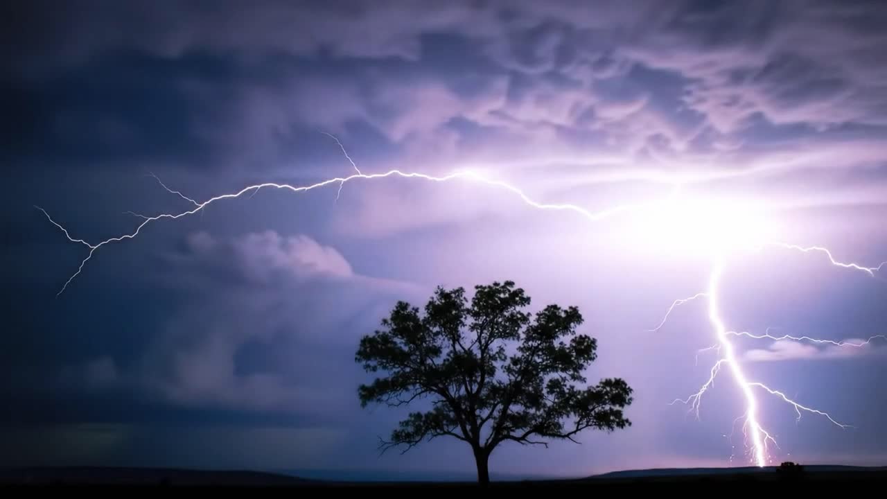 A dramatic storm unfolds as lightning bolts illuminate the dark sky, striking near a lone tree. The scene captures nature's raw energy against a backdrop of ominous clouds.