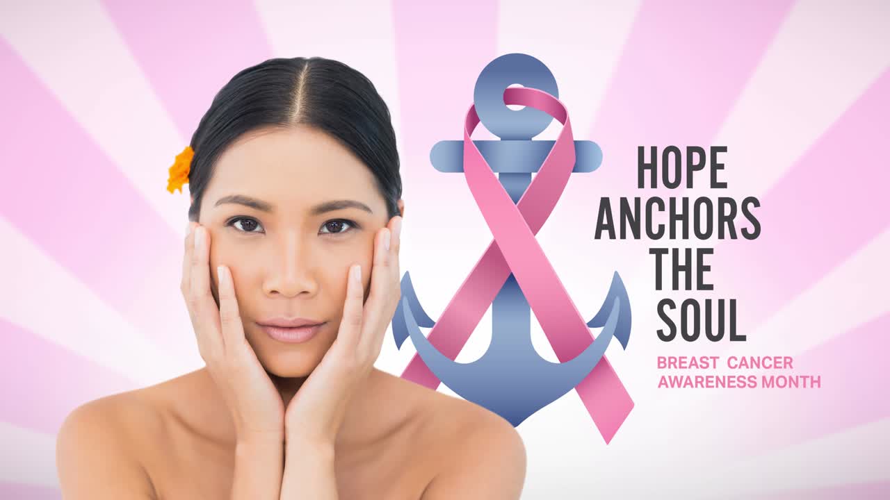 젊은 여성 위에 유방암 텍스트가 있는 분홍색 리본  ⁇ 커 로고의 애니메이션