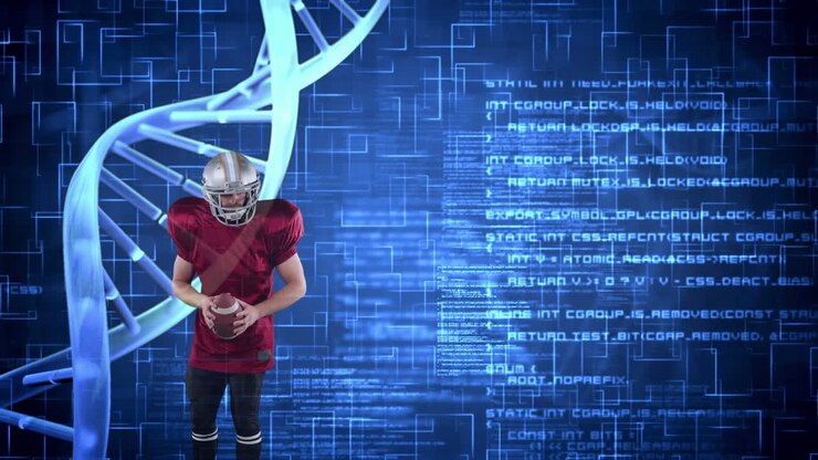 Animation of dna strand spinning and data processing over american football player