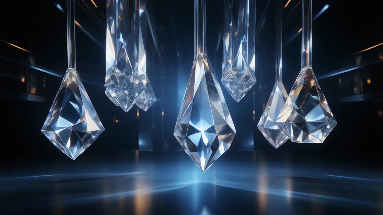Group of Hanging Faceted Crystals Reflecting Blue Light