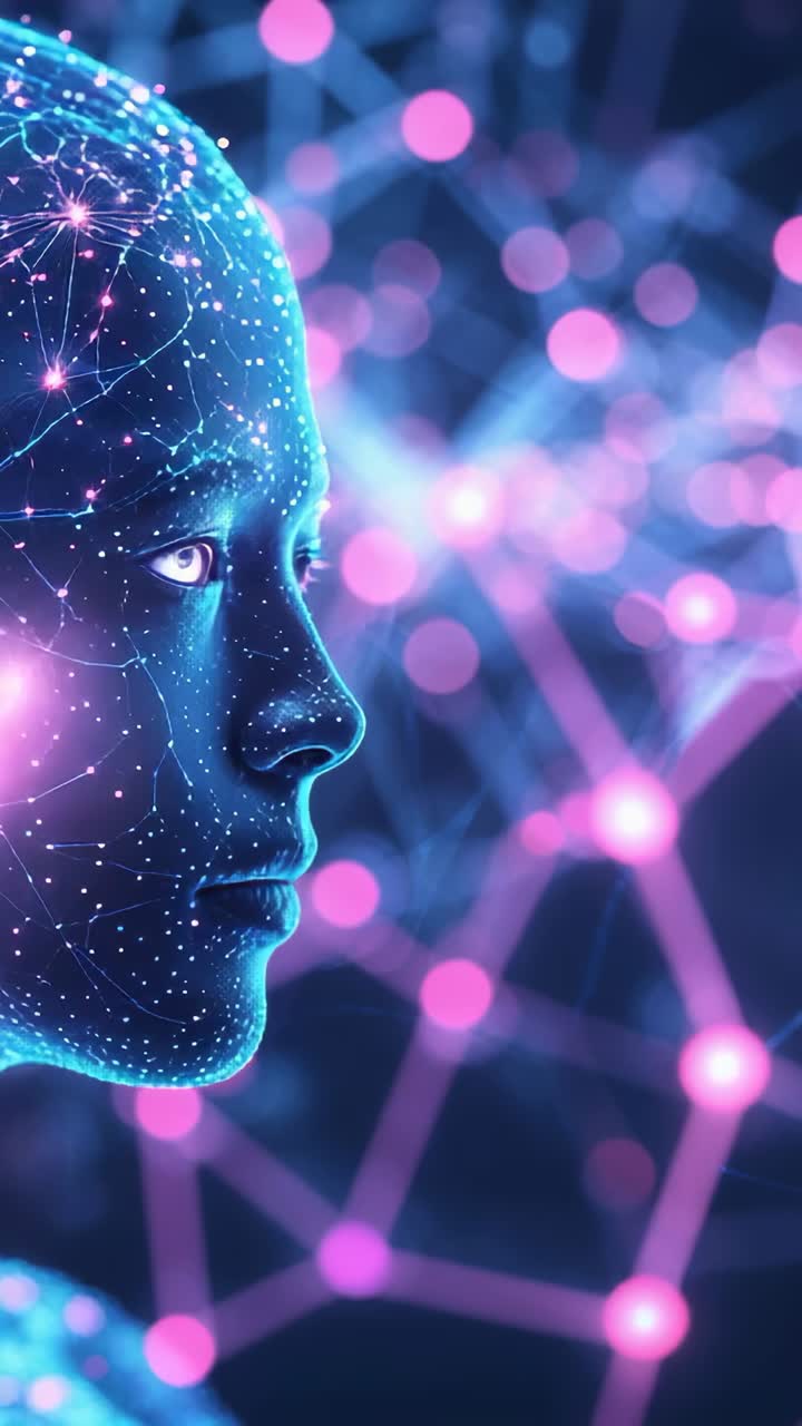 Vertical video: Energy pulse starting on AI head linking mesh nodes in network space, copy space