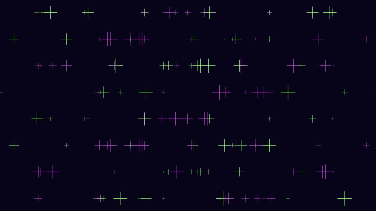 Colorful neon cross sparkles on dark background, abstract glowing particles