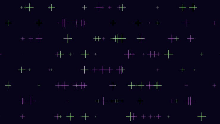 Colorful neon cross sparkles on dark background, abstract glowing particles