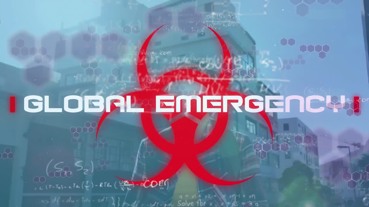 바이오 위험 상징과 얼굴 마스크를 입은 사람 위에 코로나 19 데이터 처리 애니메이션