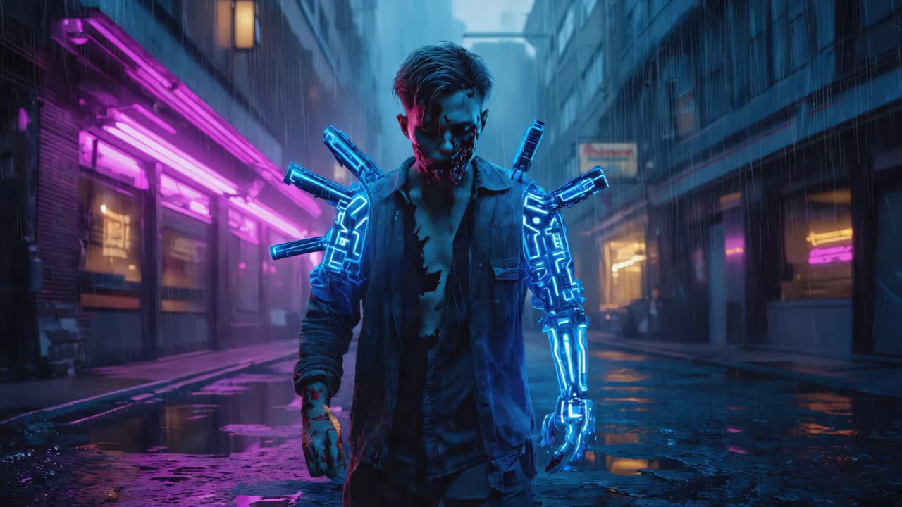 Cybernetic Man on a Neon-Lit Cyberpunk City Street