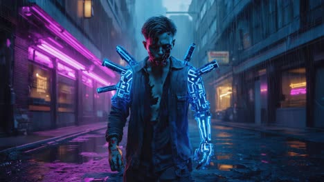 cybernetic man on a neon-lit cyberpunk city street