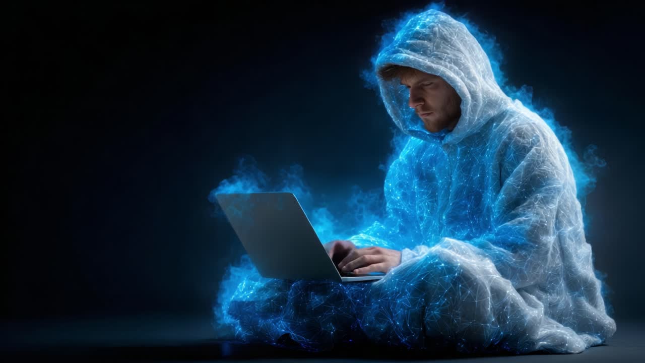 A Focused Individual in a Mystical Hoodie Engaged with a Laptop, Surrounded by an Ethereal Glow of Digital Particles and Light Effects