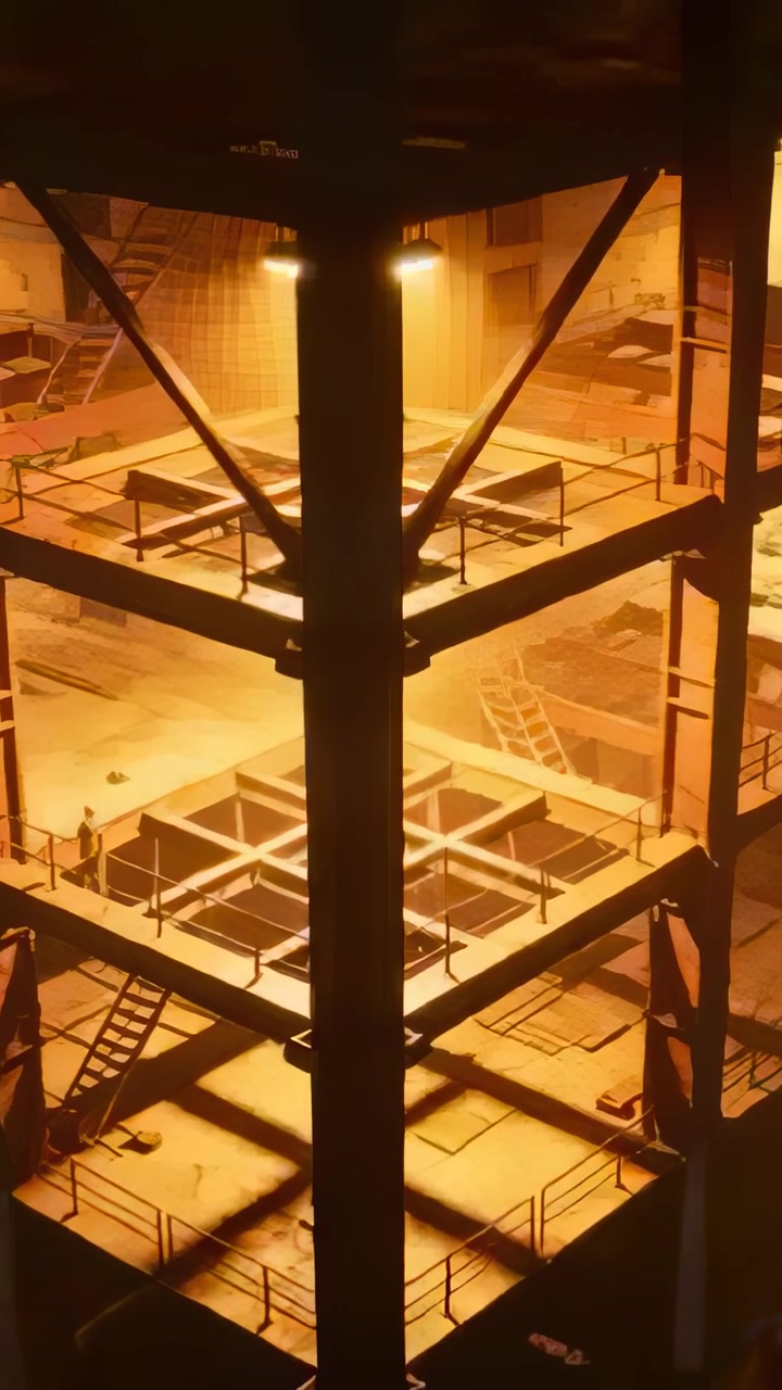 Vertical video: Panning camera showing column at site, crew moving to ladder checking pits in vests