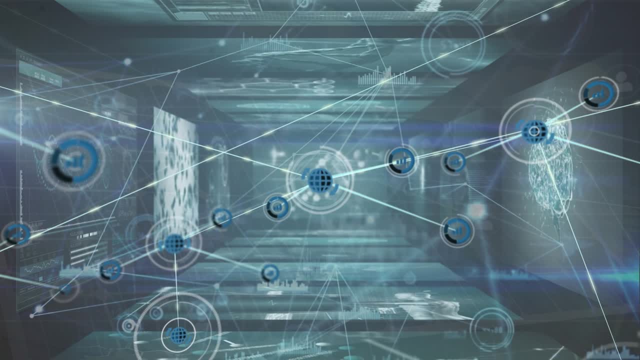 Animation of network of connections with icons and data processing over black background