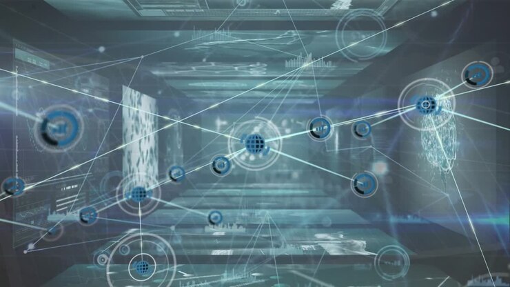 Animation of network of connections with icons and data processing over black background