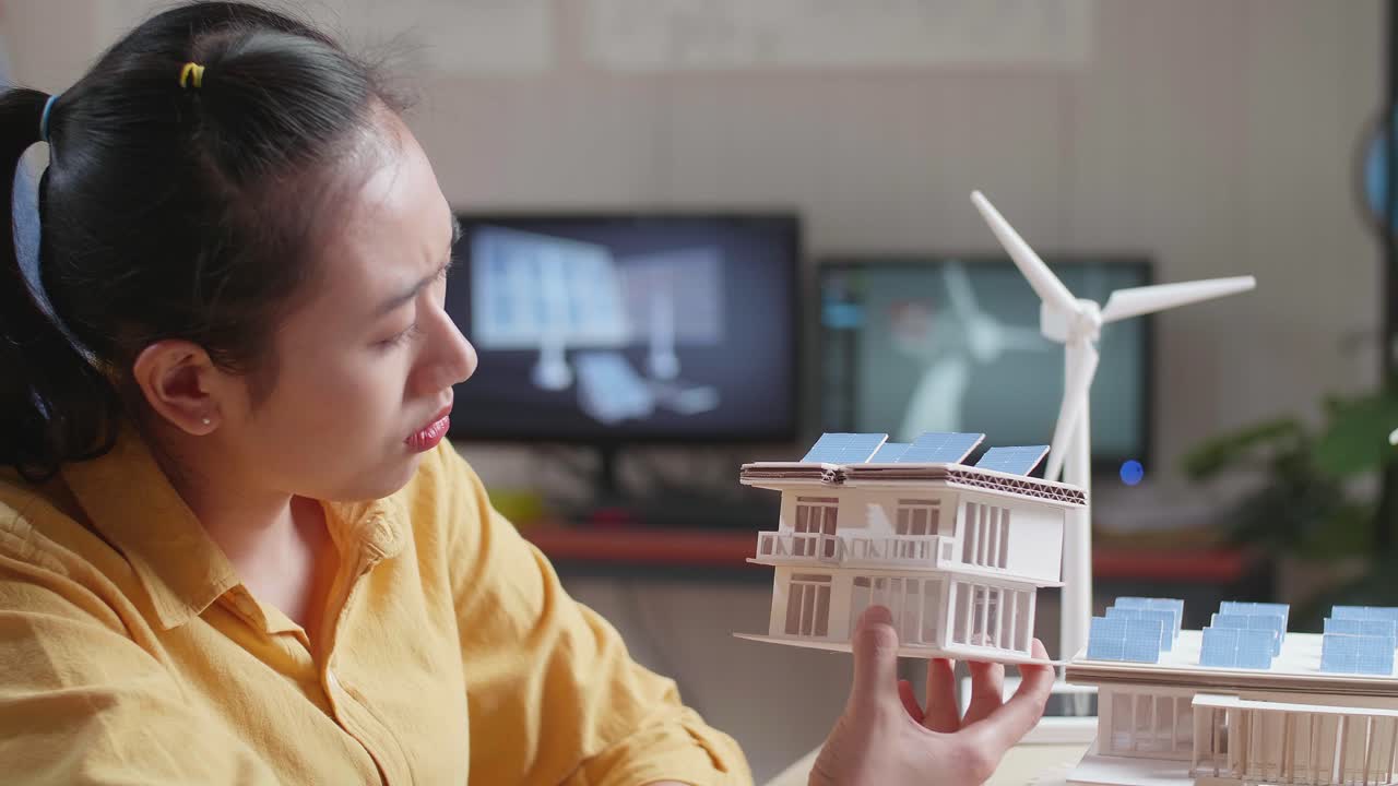 불만족 한 아시아 여성 이 태양 전지판 을 가진 작은 집 의 모델 을 들고 있는 근접적 인 측면 시선