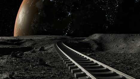 train tracks on the moon with earth in the background