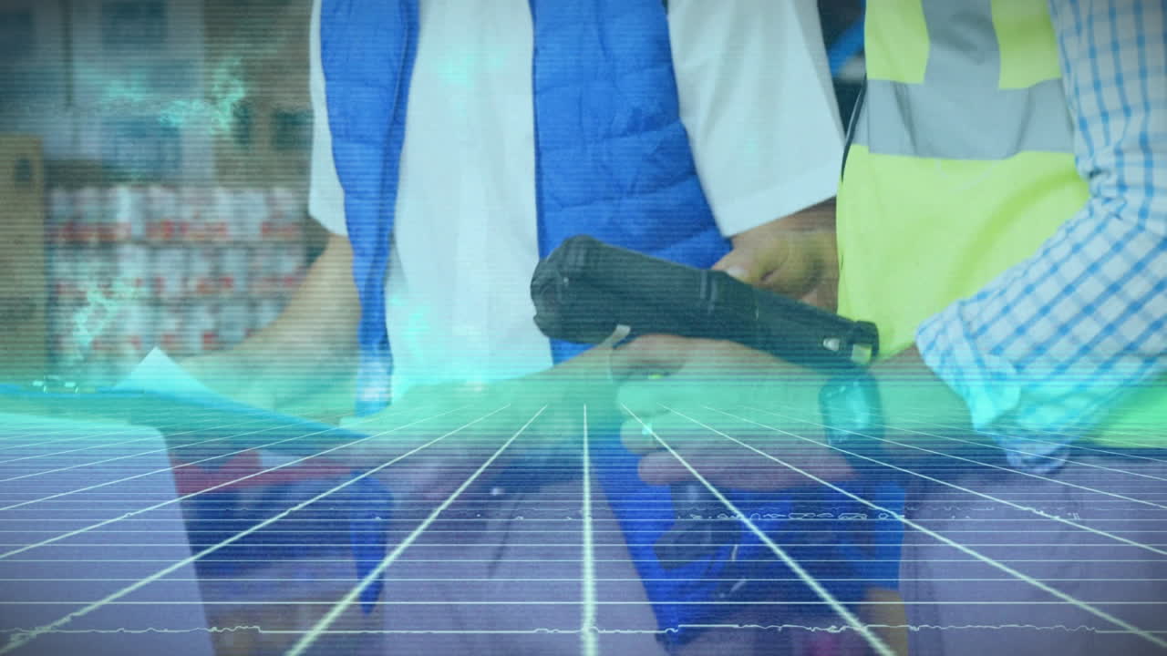 재무 데이터 처리의 애니메이션 - 백인 창고 노동자