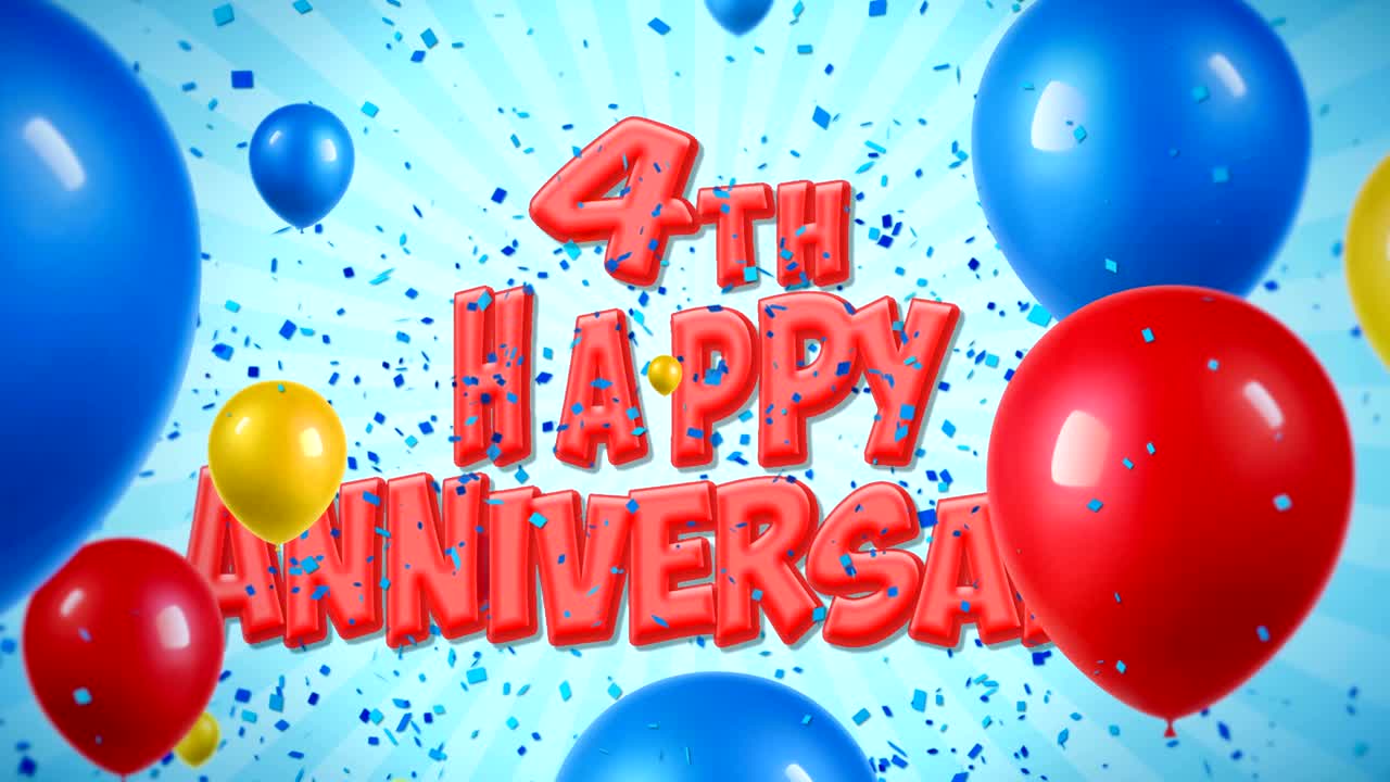 4번째 생일 축하 은 텍스트는 콘페티 팝퍼 폭발, 떨어지는 반이는 입자, 다채로운 날아다니는 풍선, 소원, 인사, 파티, 초대, 카드에 대한 원활한 루프 애니메이션에 나타납니다.