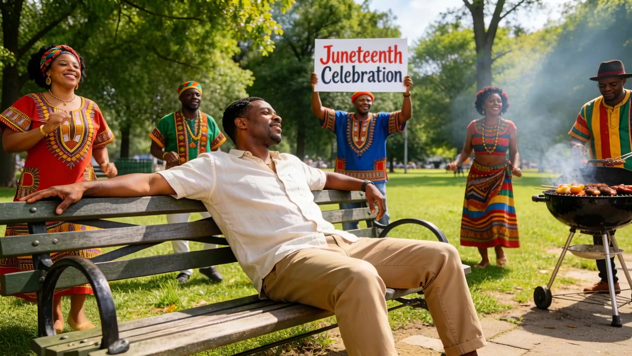 Levant une pancarte de Juneteenth, un groupe en dashiki dansant et faisant des grillades, un homme se reposant sur un banc public.