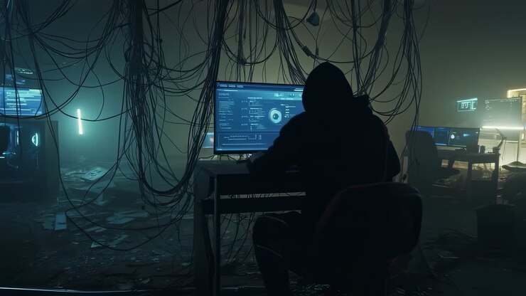 Hacker misterioso al lavoro di notte in una struttura tecnologica abbandonata, circondato da cavi aggrovigliati e schermi