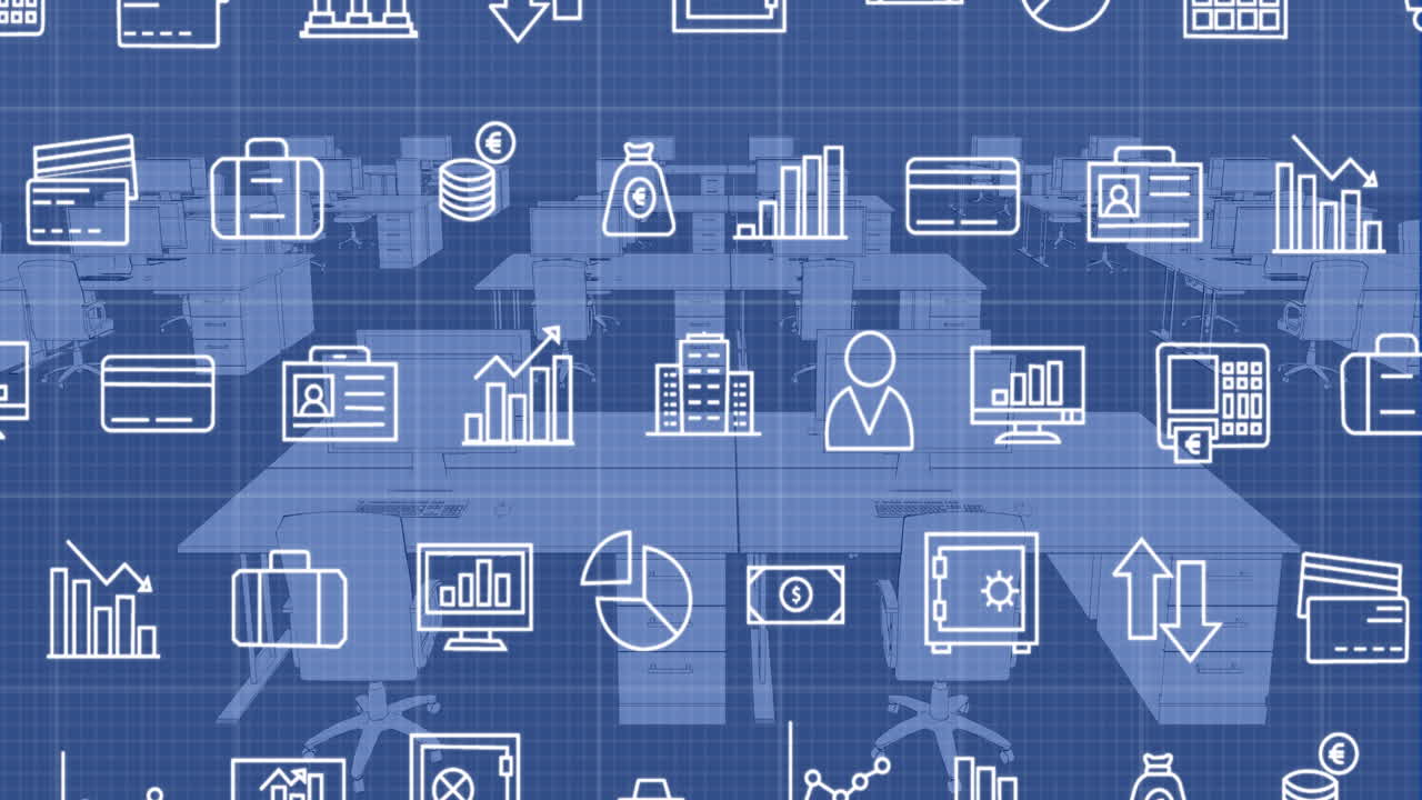 animación de múltiples iconos digitales a través de la red de cuadrícula contra la oficina vacía.