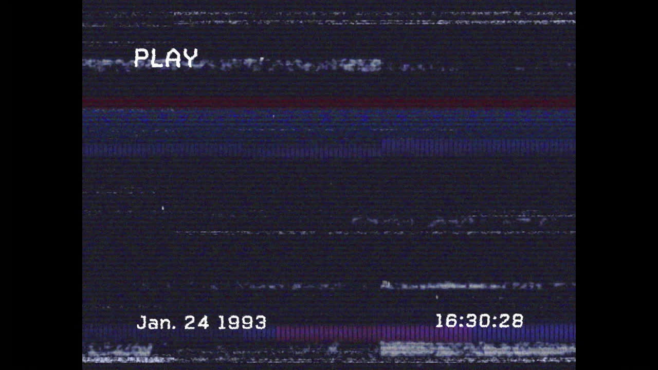 Retro VHS screen showing static glitch lines filling frame, displaying PLAY label and date stamp