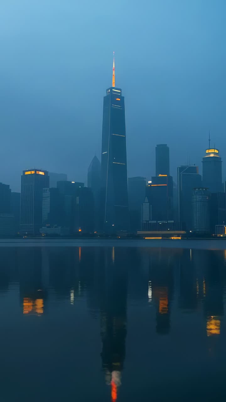 Vídeo vertical: pináculo da torre de iluminação mudando de vermelho para âmbar durante o crepúsculo sobre a água, com reflexo