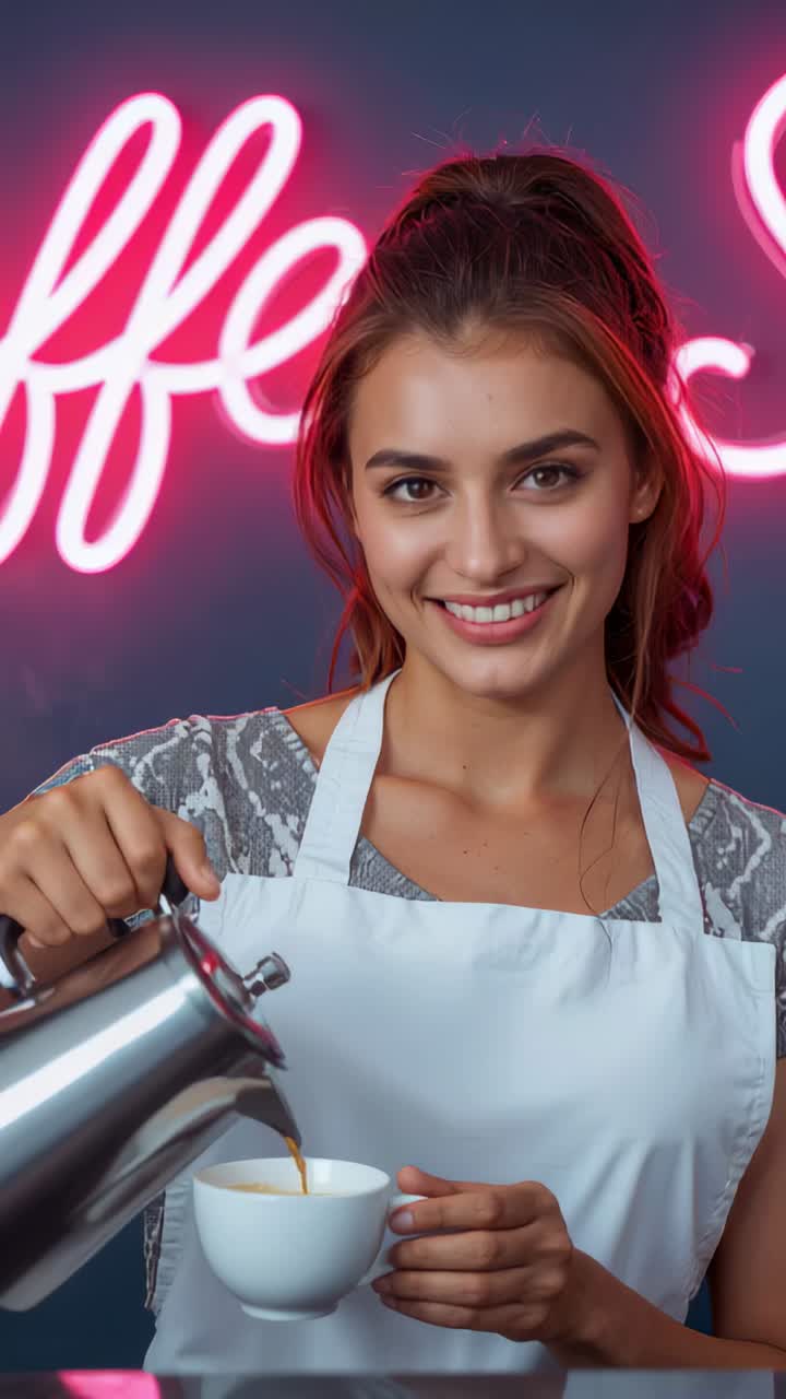 Video verticale: barista con grembiule che inclina il bollitore versando il caffè in una tazza bianca al bancone, insegna al neon