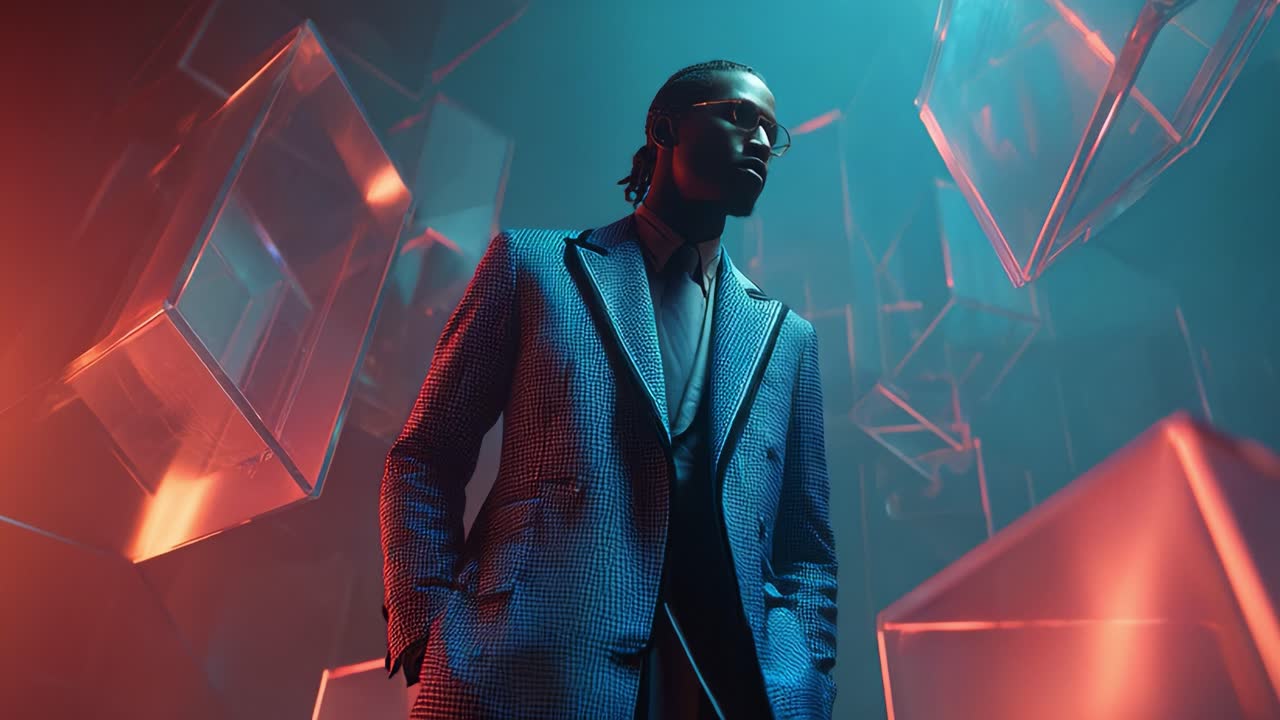 A Stylish Man in a Blue Suit Stands Confidently Amidst a Futuristic Setting with Suspended Geometric Shapes and Neon Lighting, Exuding Elegance and Modern Fashion in a Striking Atmosphere