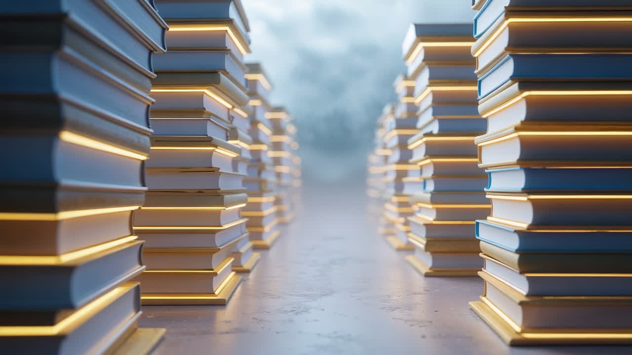Illuminated Book Stacks Leading to a Hazy Horizon