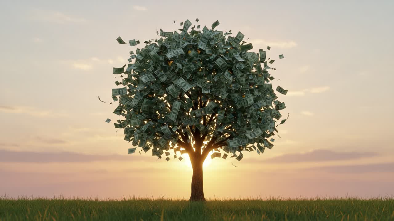A surreal tree sprouting banknotes and shimmering lights against a stunning sunset backdrop, symbolizing prosperity and abundance in nature's beauty