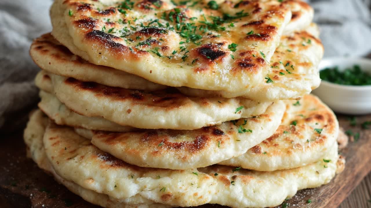 A Deliciously Stacked Presentation of Golden Brown Flatbreads Garnished with Fresh Green Herbs, Perfectly Highlighting Their Soft Texture and Slightly Charred Outer Layer