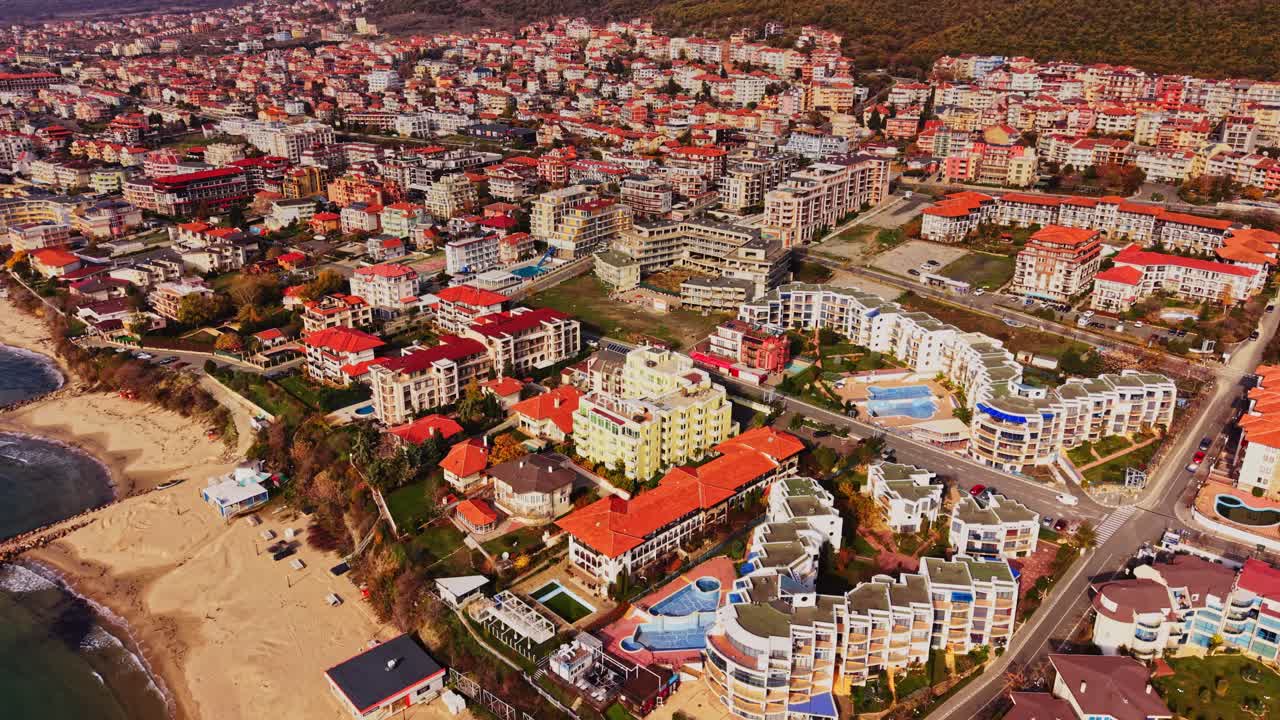 Aerial view of residential buildings along the coast in Bulgaria