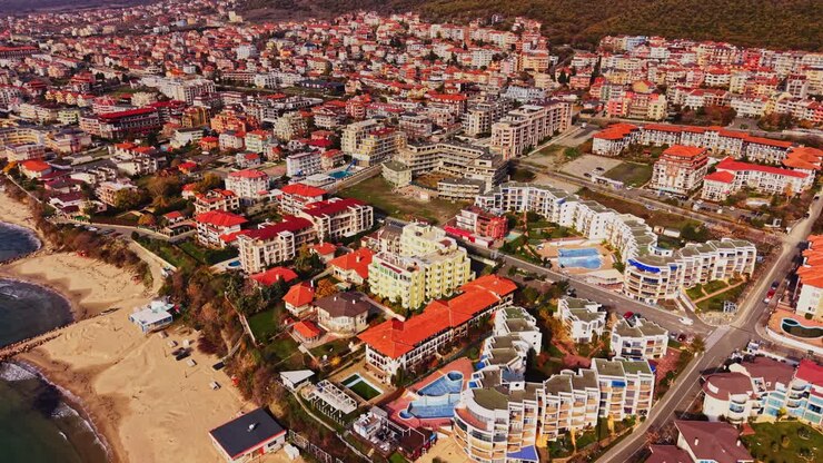 Aerial view of residential buildings along the coast in Bulgaria