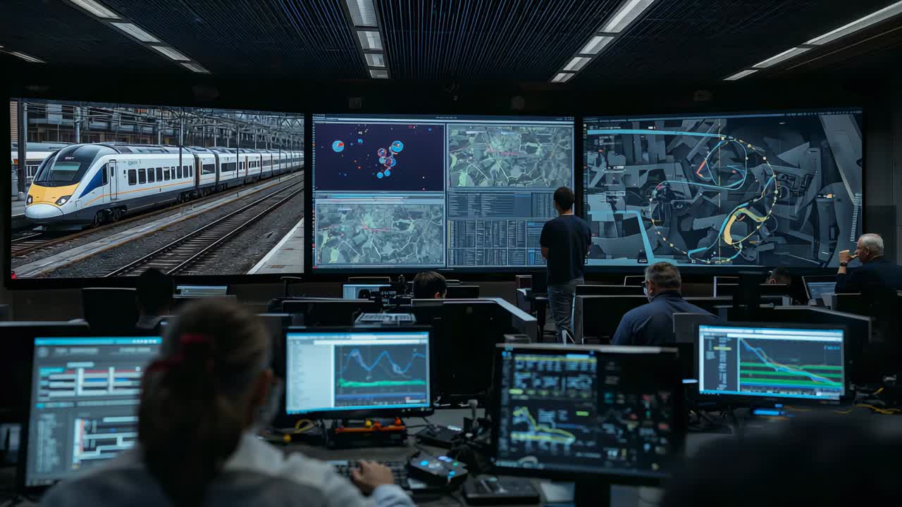 Rising from seat, lead presenter in dark shirt walking in control room, briefing team with display