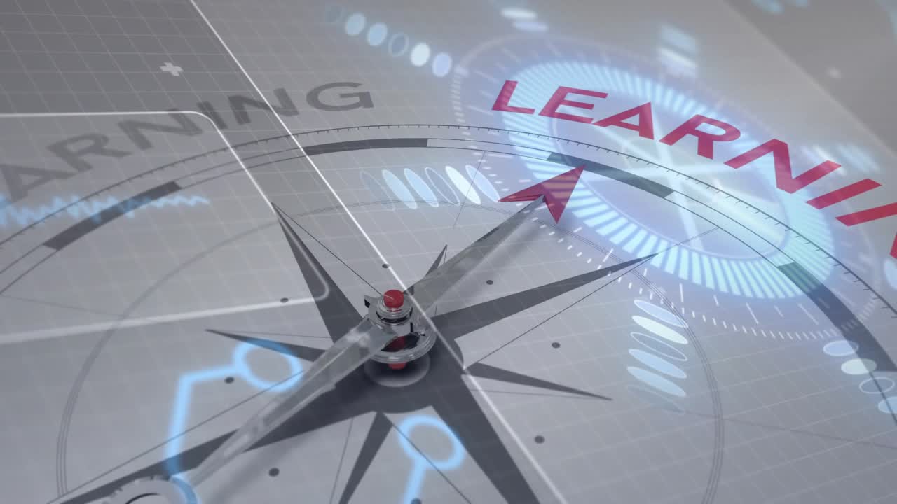 Animation starting compass pointer pivoting toward LEARNING, revealing blue overlays on gray grid