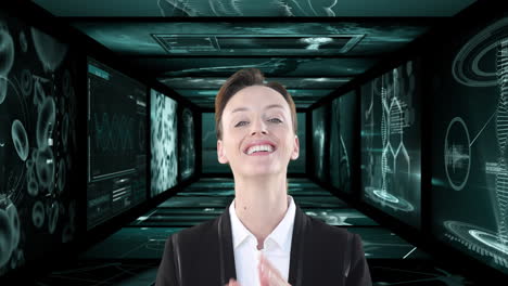 animation of smiling businesswoman over screens with medical data processing