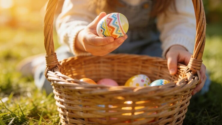 Reaching child in denim dress lifting zigzag egg on grass, inspecting designs, with wicker basket