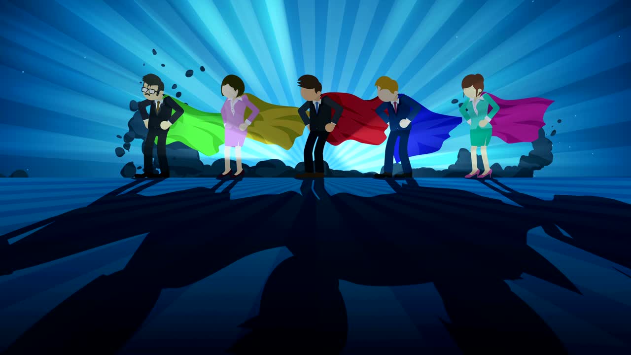 스포트라이트에 서있는 슈퍼히어로: 비즈니스 팀 우승자 상징, 팀워크 및 성공 개념, 코 루프 애니메이션