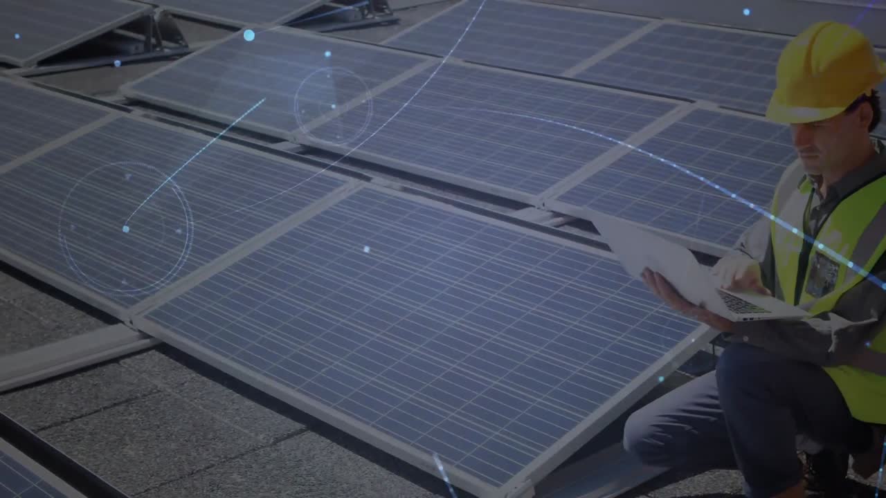 Animation of network of connections over solar panels and male engineer in background