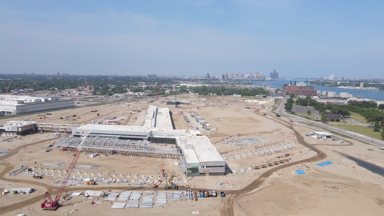 sitio de construcción para la plaza de aduanas para el nuevo puente gordie howe, vista aérea