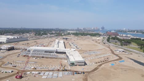 sitio de construcción para la plaza de aduanas para el nuevo puente gordie howe, vista aérea